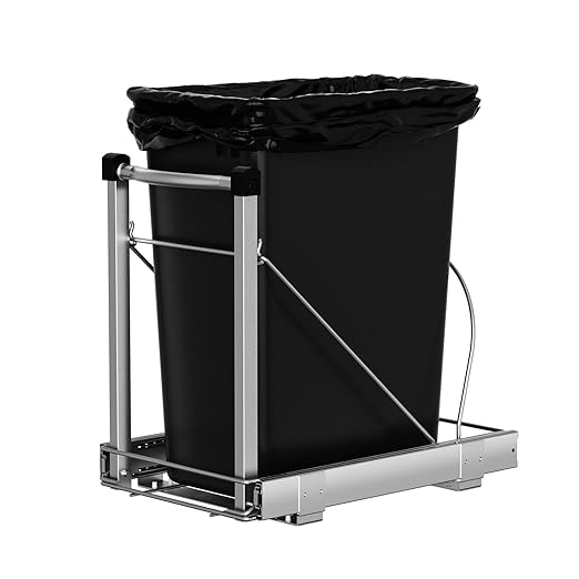 Adjustable Under Cabinet Trash Can Organizer with Soft Close Rail - Heavy Duty Silver Steel Under Sink Pull-Out Organizer, Fits 7-13 Gallon, Up to 125 lbs Capacity (Trash Can Not Included)