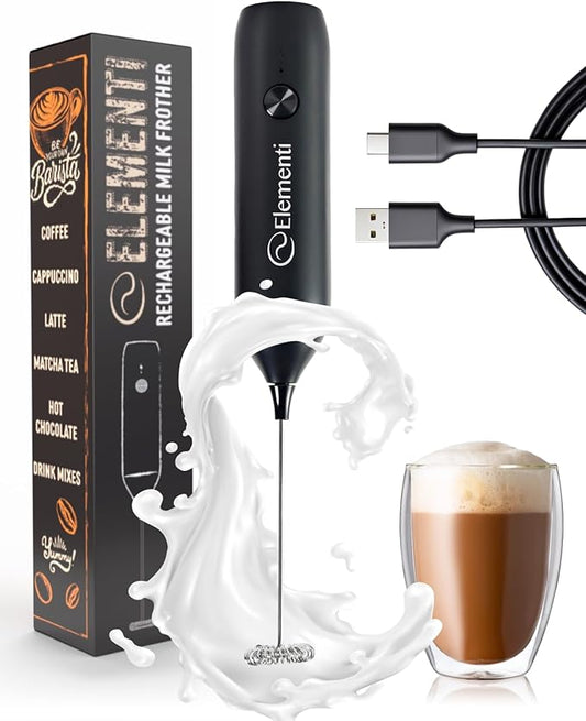 Elementi Milk Frother Wand Rechargeable Drink Mixer - Powerful USB-C Rechargeable Frother Handheld & Coffee Mixer Wand - Hand Held Milk Foamer to Make Perfect Cappuccinos, Lattes & Drink Mixes (Black)