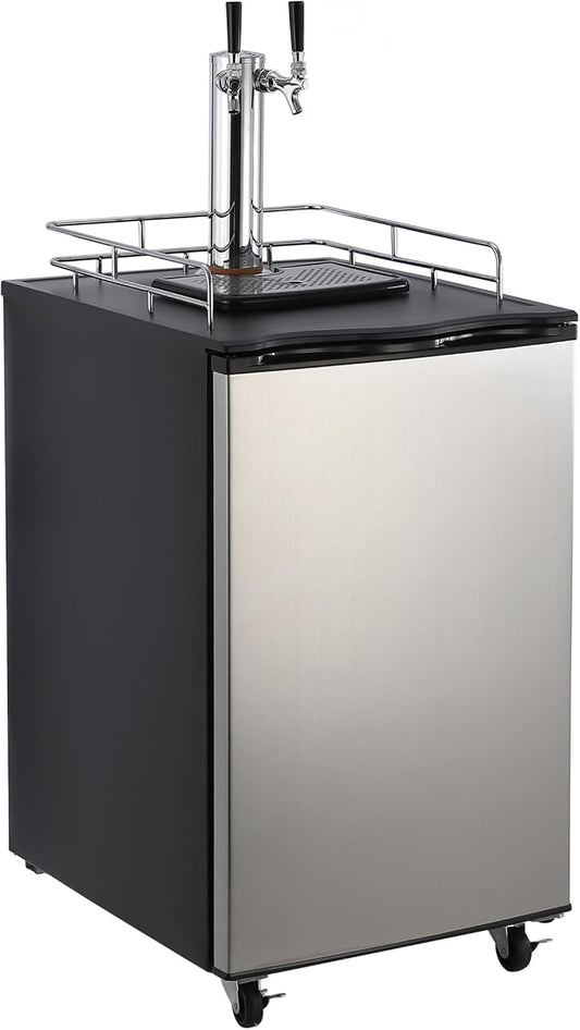 Beer Kegerator, Dual Tap Draft Beer Dispenser, Full Size Kegerator and Keg Beer Cooler With Shelves & Drip Tray & 4 Casters, Stainless Steel Keg Dispenser, 32°F- 50°F Temperature Control, 170L
