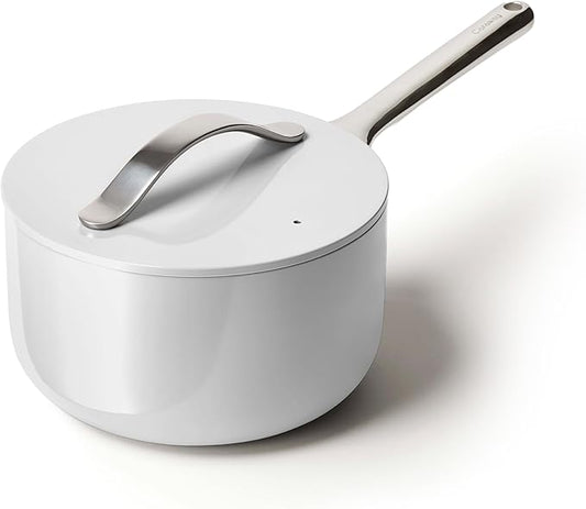 Caraway Nonstick Ceramic Sauce Pan with Lid (3 qt) - Non Toxic, PTFE & PFOA Free - Oven Safe & Compatible with All Stovetops (Gas, Electric & Induction) - Gray