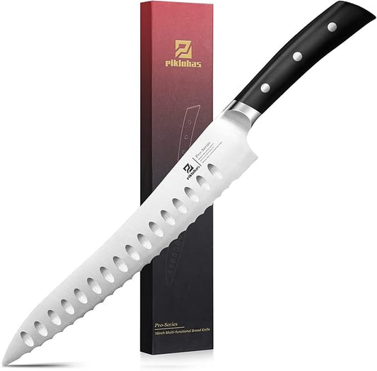 Piklohas Resharpenable Bread Knife for Homemade Bread, 10 Inch Serrated Sourdough Knife with Offset Handle, Innovative Wavy Edge for Clean Slices Crusty Bread, Bagels, Pineapple & Tomatoes, Gift Box