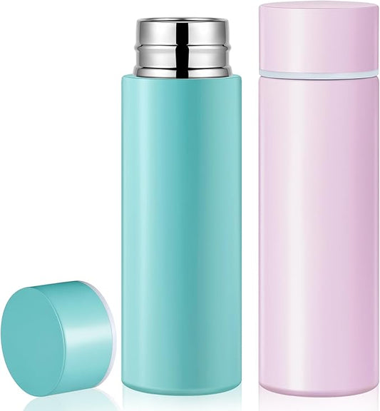 Irenare 5oz Mini Water Bottle Mini Insulated Stainless Steel Bottle Purse Water Bottle Cute Leak Proof Flask Keeps Drink Cold and Hot for Purse Women(Blue, Purple,2 Pieces)