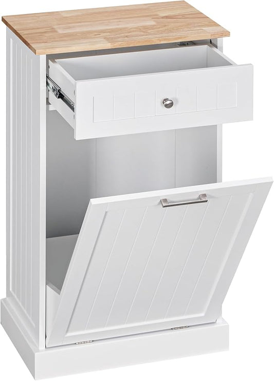 HOMCOM 10 Gallon Tilt Out Trash Cabinet, Wooden Hidden Trash Can with Storage Drawer for Kitchen, Laundry Hamper Cabinet for Bathroom, White