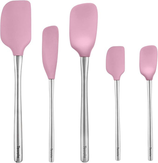 Tovolo Stainless Steel Handled Silicone Spatula Set of 5 Pink Sorbet, Dishwasher Safe Kitchen Spatula Set for Cooking Baking, Non Toxic BPA Free Silicone Spatula set with Metal Steel Handle