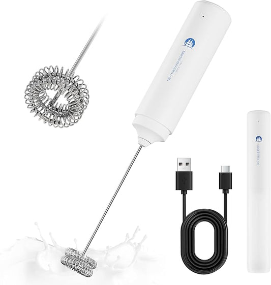 Rechargeable Milk Frother Handheld, 2-IN-1 Dual Spring Whisk Electric Frother Wand for Cappuccino Latte Macchiato, Portable Drink Mixer for Coffee, Matcha, Hot Chocolate