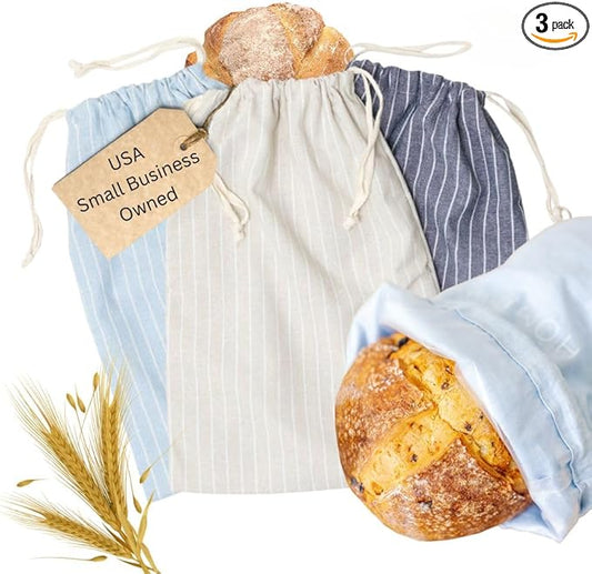 Reusable Bread Bags with Drawstring | XL Pack of 3 | Eco-Friendly Washable Linen Bread Bag & Spacious Sourdough Bread Storage | Bread Bags Reusable Keeps Your Loaf Fresh | Strips Design