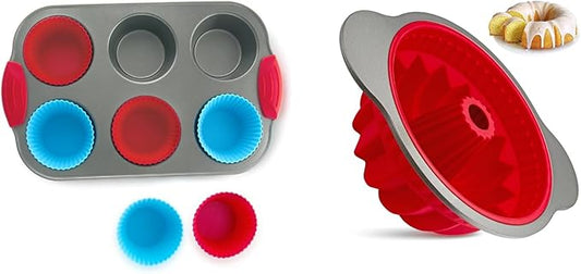 Boxiki Kitchen Duo: Non-Stick Steel Jumbo 6 Cup Muffin Pan with Silicone Handles & Reusable Liners and Durable Silicone Pound Cake Pan with Heavy Grade Steel Frame - Master Your Baking Game!