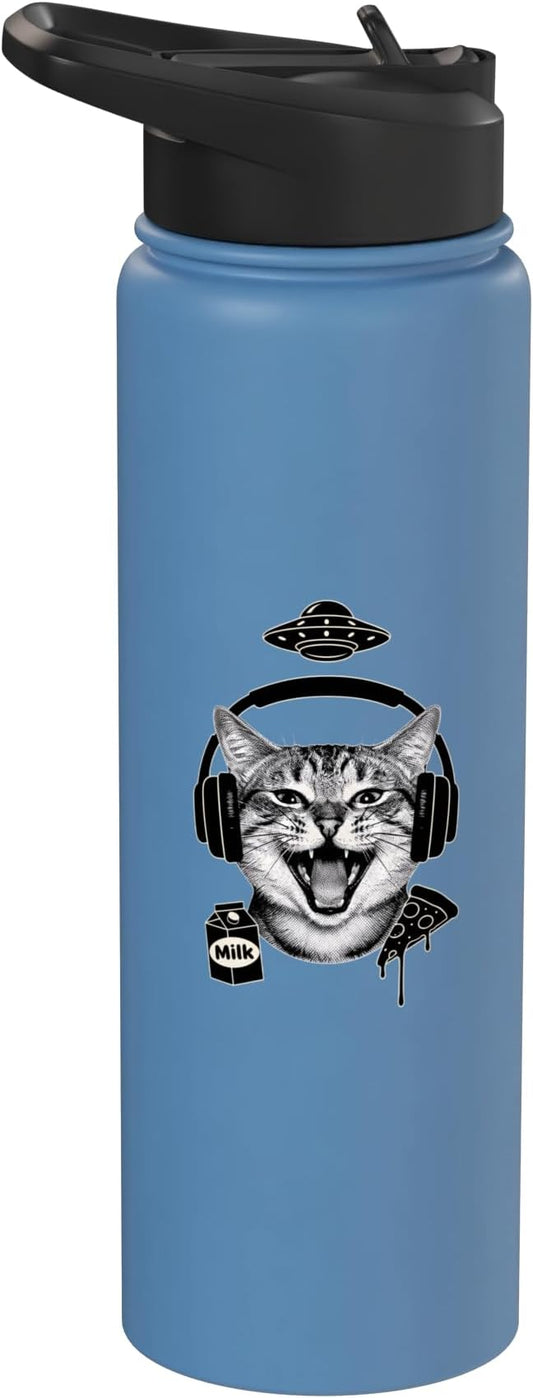 Cat With Headphones Milk Pizza Retro Alien Nostalgia Stainless Steel Insulated Water Bottle