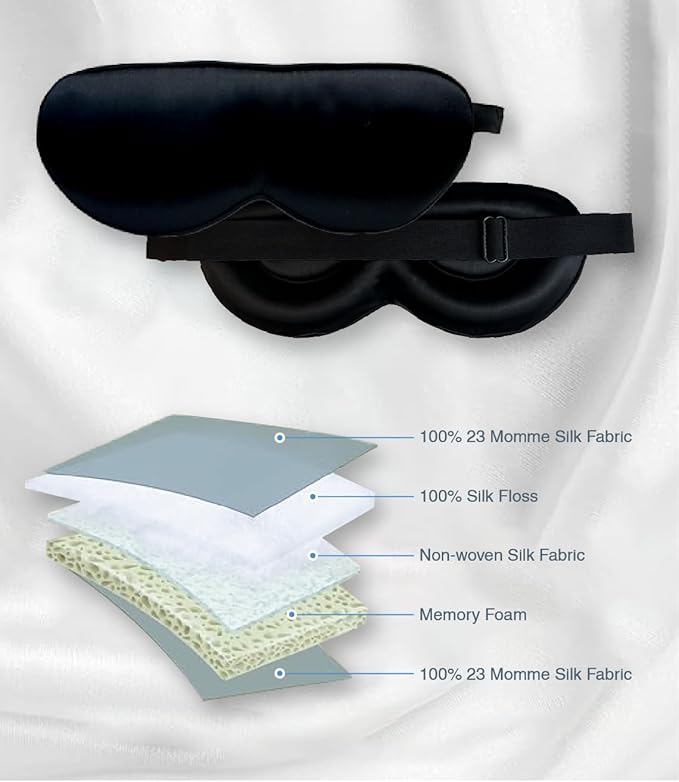 PROMEED Adjustable 23 Momme Mulberry Silk Sleep Mask, 3D Contoured No-Pressure Cup Eye Mask for Sleeping, Super Soft Breathable Blindfold, Perfect Blocks Light for Sleeping (Light Blue)