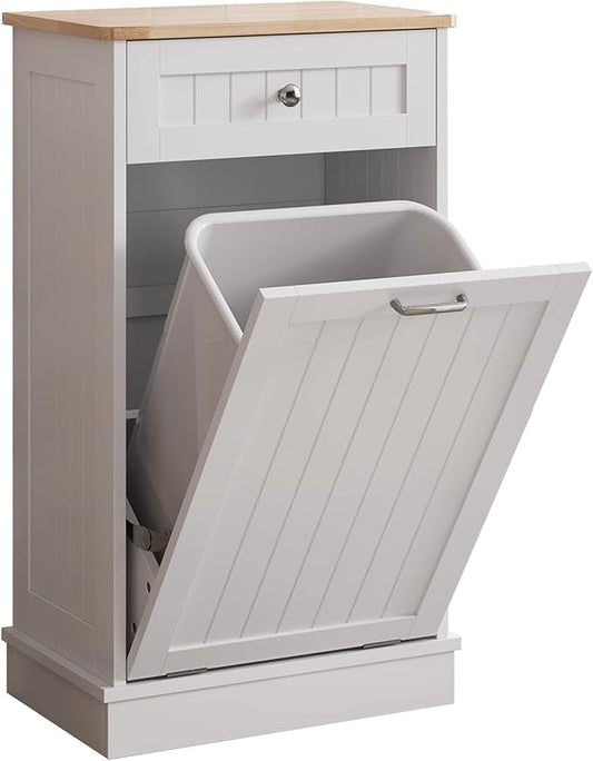 KIGOTY Tilt Out Trash Cabinet,Wooden Kitchen Trash Bin Holder Garbage Bin Recycling Cabinet Laundry Hamper with Solid Wood Countertop and Hideaway Drawer (White)