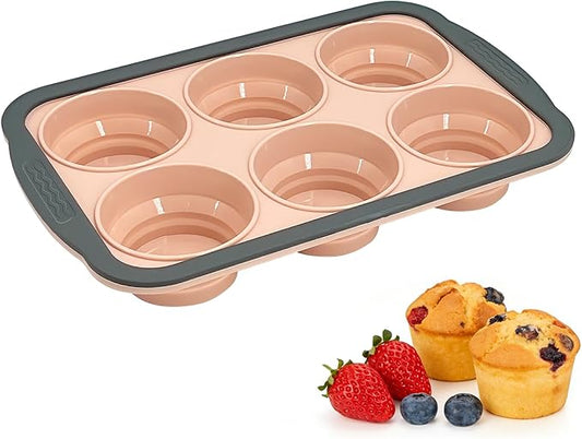 Silicone Muffin Pans for Baking with Metal Frame, 6-Cup Silicone Muffin Pan, Non-BPA Nonstick Coating, Easy Release & Clean, Oven & Dishwasher Safe, Versatile for Baking, Custards & Cupcakes(Pink)