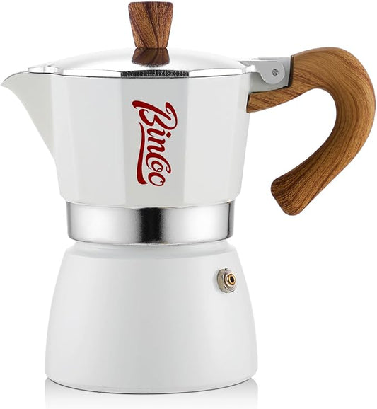 Bincoo Espresso Maker Stovetop, Moka Pot 3 Cups, Espresso Pot Classic Italian Coffee Maker,Single Safety Valve (White, 3 Cup)