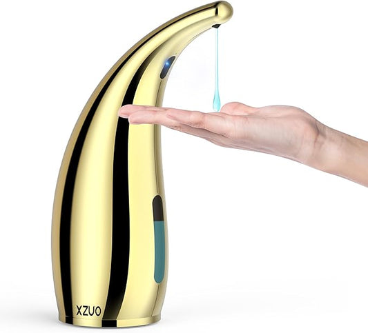 Automatic Soap Dispenser with Infrared Sensor - Adjustable 4-Level Touchless Hand Soap for Kitchen, Bathroom - Battery Operated Electric Dispenser, Durable Plastic, Smart Soap Holder (Gold)