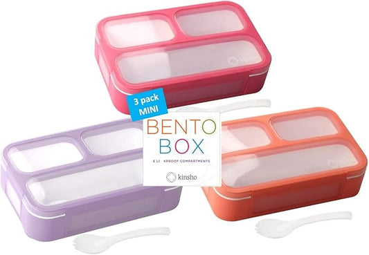 Small Snack Containers for Kids Toddlers - 3 Compartments (Set of 3) - Leak-Proof Reusable Boxes with Lids -BPA-Free Plastic Mini Bento Lunch Box - Ideal for School, Holds 2 Cups (Pink+ Purple+ Coral)