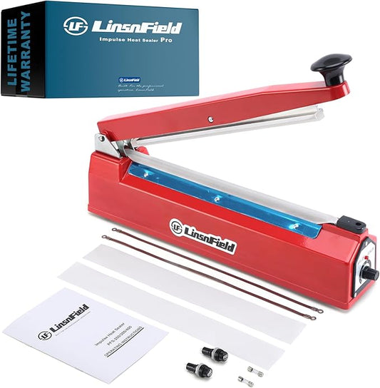 Sealer Pro, 12-inch Super Impulse Heat Bag Sealer, 7-mm Sealing System with Patent for Never Burn Out, Antioxidant Aluminium Shield, Copper Transformer, Built-in Fuse Safety System, Red