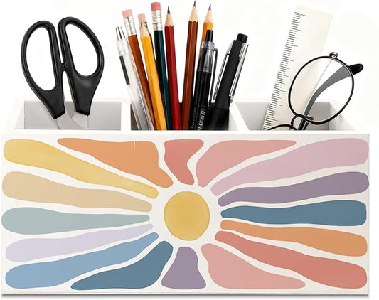 Boho Colorful Sun Sunshine Wooden Utensils Holder, Abstract Mid Century Modern Sun Wood Cooking Utensil Holder Organizer for Kitchen Countertop Counter Decor Accessories