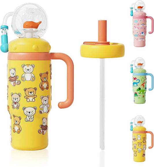 VICSPORT Drinking Cup with Whale Squirt, Stainless Steel Whale Fountain Tumbler, Whales Spray Straw Sippy Cups Water Bottle with Two Lids 24oz for Kids & Adults