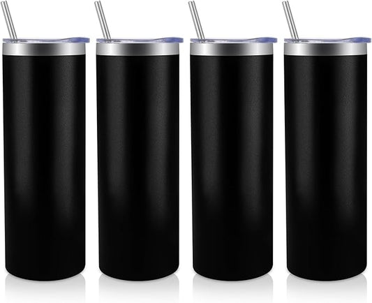 Volhoply 4 Pack Skinny Tumblers with Lid and Straw, 20oz Stainless Steel Straight Tumbler Bulk, Vacuum Insulated Coffee Mug for Home, Office, Travel, DIY (Black,4 Pack)