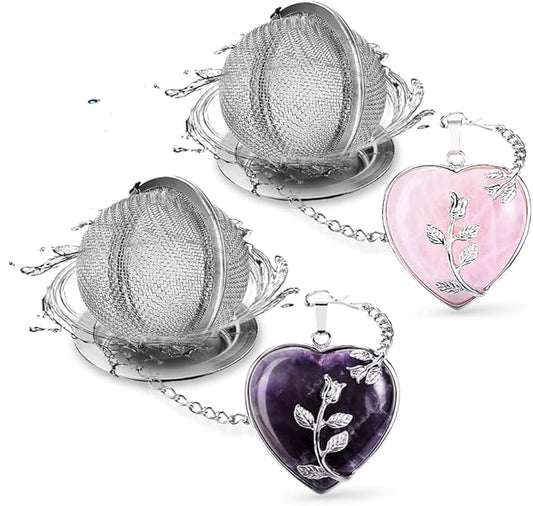 NSTaygate 2pcs Tea Infuser Tea Strainers for Loose Tea Amethyst & Rose Quartz Crystal Heart Pendant Infinity Love Heart Couple Handmade Gemstone Tea Ball Set Gifts for Women Gifts for Mom