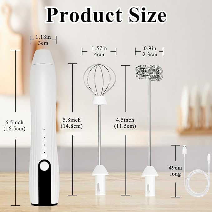Double Whisk Milk Frother Handheld USB-C Rechargeable Electric Drink Mixer White,3 Speeds Adjustable Coffee Foamer Drink Whisk for Lattes, Matcha, Hot Chocolate, Egg, Matcha