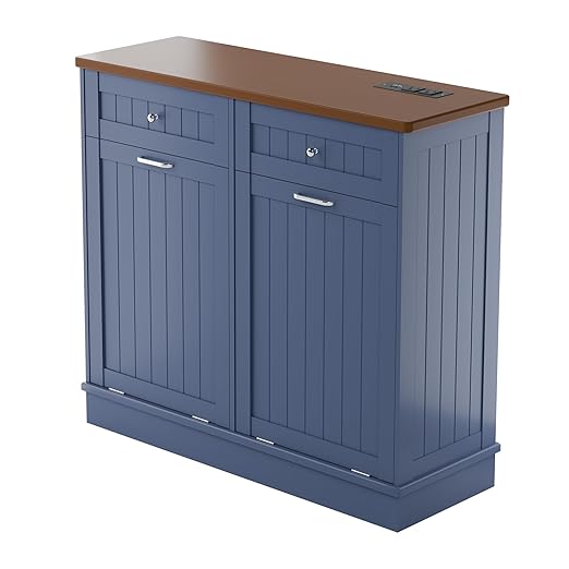 Betterhood Double Tilt Out Trash Cabinet with Power Outlet, 10 Gallon Trash Cabinet with Storage,Pet Proof Trash Can with 2 AC & USB Sockets for Kitchen,Living Room (Blue, Double Door)