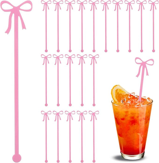 20PCS Drink Stirrers Cocktail - Shimmeroo Pink Bow Acrylic Drink Stirrers, 6 Inch Long Reusable Plastic Stirrer for Wedding Birthday Bridal Bachelorette Party Supplies Cupcake Decorations