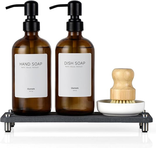 2 Pack Kitchen Soap Dispenser Set - 16oz Amber Glass Dish and Hand Soap Dispenser with Stainless Steel Pump, Instant Dry Tray, Dish Brush & Holder, Refillable Countertop Sink Decor for Kitchen & Bath