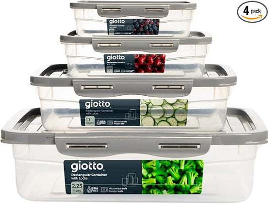 GIOTTO FreshStack 4-Piece Rectangular Food Storage Container Set with Lids 9oz, 15.5oz, 37oz, 76oz - BPA Free - Dishwasher, Microwave and Freezer Safe Stackable