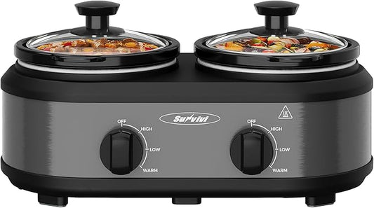 2 * 1.25 Quarts Dual Slow Cooker, Buffet Server & Warmer with 2 Removable Ceramic Pots, 3 Adjustable Temp Settings & 2 Visible Glass Lids, Stainless Steel, Grey