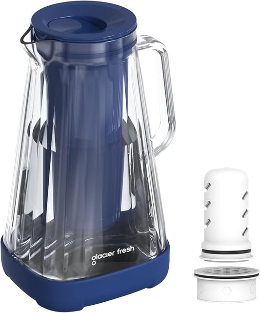 GLACIER FRESH 10 Cup Purela Glass Water Pitcher with 1 Ultrafiltration Membrane and Activated Carbon Filter, Reduces 99% Chlorine, PFOA&PFOS, Coliforms, Blue