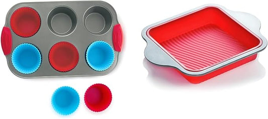 Baking Duo: Non-Stick Steel Jumbo 6 Cup Muffin Pan with Silicone Handles & Reusable Liners and 8x8 Inch Silicone Square Cake & Brownie Pan with Steel Frame Handles.