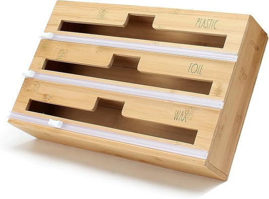 Rae Dunn Bamboo Bag Organizer for Kitchen Drawer - Durable Wood Organizer for Kitchen Storage - Holds Gallon, Quart, Snack, Sandwich Size Baggies, Plastic Wrap and Foil