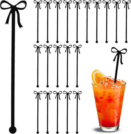 20Pcs Cocktail Stirrers, Black Bow Acrylic Drink Stirrers, 6 Inch Long Reusable Plastic Stirrer for Wedding Birthday Bridal Bachelorette Party Cocktail Cupcake Decorations Supplies