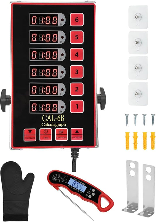 Commercial Kitchen Timer, 6 Channel Timer Restaurant Kitchen Supplies, Heavy-Duty Timer - Stainless Steel | Digital LED Technology | Reminder Function | Loud Alarm
