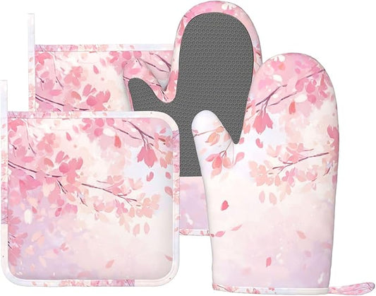 Oven Mitts and Pot Holders Cherry Blossom Flower Japanese Art Silicone Kitchen Accessories Set of 4 Heat Resistant Long Gloves Potholder Non-Slip Grip for Chef Cooking Baking Grilling BBQ