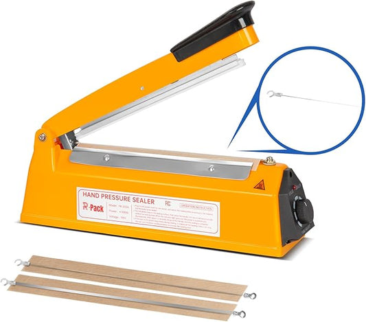 Impulse Heat Sealer with Hot Cutting Wire, Heavy-Duty Bag Sealing & Cutting Machine, 2 Extra Replacements（Orange, 8inch）