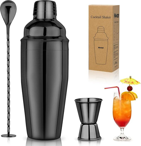 24oz Cocktail Shaker Set Martini Shaker Set Bartender Set with Margarita Mixer Drink Shaker, Measuring Jigger and Mixing Spoon - Professional 18/8 Stainless Steel Bar Tools for Mixed Drinks (Black)