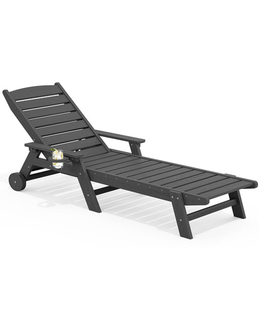 SERWALL Patio Chaise Lounge Chair, 78'' Long HDPE Outdoor Lounge Chair 5 Positions Adjustable Outdoor Lounger, Poly Lounge Chair with Rolling Wheels & Cup Holder for Pool, Slate Gray