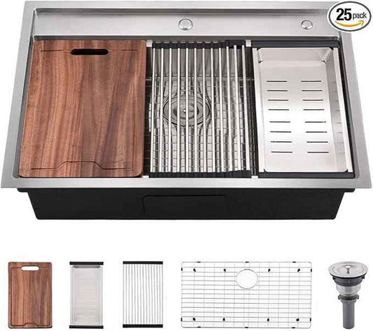 33 Inch Drop In Kitchen Sink Workstation - VOKIM 33X22 Inch Drop In sink Stainless Steel Splash Guard 16 Gauge 10'' Deep Single Bowl Handmade Topmount Sink with Cutting Board& Strainer
