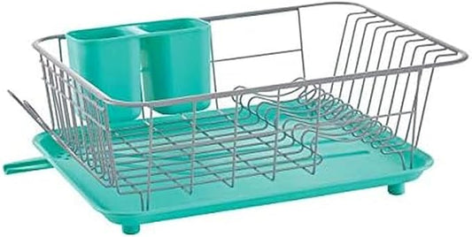 Farberware Compact Dish Drying Rack with Frost Sink Brush, Removable Drainboard and Flatware Caddy, Holds 9 Plates - Teal, Rust-Resistant for Small Kitchens