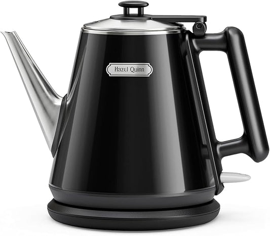 Hazel Quinn Electric Kettle - 1L/34oz Small Tea Kettle, 800W Fast Boil, All 304 Stainless Steel Interior, Double Wall for Cool Touch and Thermal, Auto Shut-Off, BPA-Free, Cordless - Jet Black