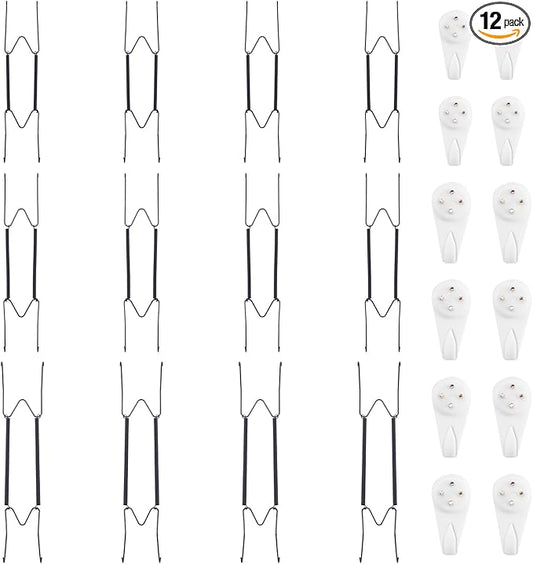 Bilillo 12 Pieces 10/12/14 Inch Stainless Steel Plate Hangers for The Wall, Invisible Heavy Duty Wire Plate Holders with 12 Pieces Wall Hooks for 9 to 16.5 Inch Decorative Plates and Arts (Black)