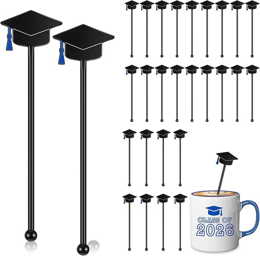 SiliFine 30 Pcs Graduation Cap Drink Stirrers Graduation Stir Sticks Coffee Stirrers Cocktail Mixers Plastic Swizzle Sticks Hot Cocoa Bar Supplies for Party Bar Coffee Tea Favors (Blue)