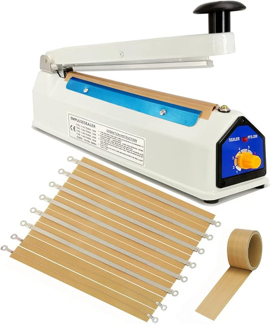 Impulse Heat Sealer 8 inch Mylar Bag Sealer, Heat Sealer for Plastic Bags, Metal Iron Shell, Impulse Sealer 3mm Sealing, Manual Hot Seal Machine with 8 Repair Kits(Included 2 Cutter Lines)
