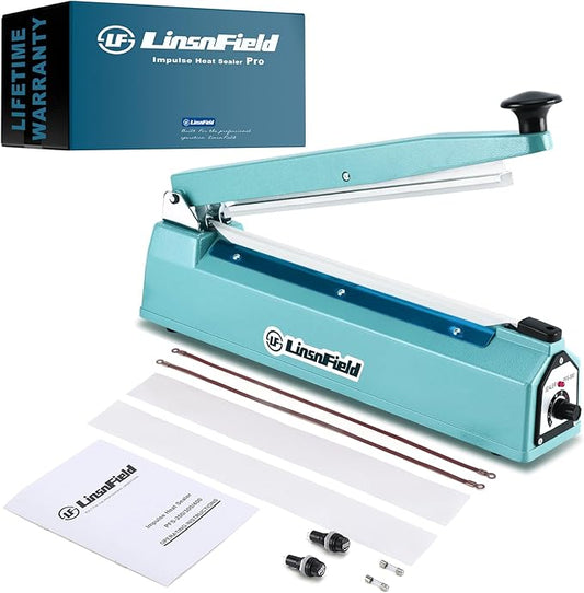 Sealer Pro, Patented 8inch Impulse Heat Bag Sealer, 2mm Sealing Width Poly Bag Seal Machine, 2 Replacement Kits 2 Fuses Included, Blue