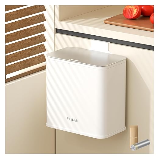 Hanging Stainless Steel Trash Can, 1.6 Gallon /6L Small Compost Bin for Kitchen Cabinet, Bathroom (White)