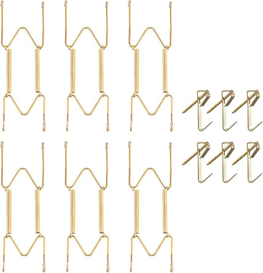 Bilillo 6 Pieces Invisible Heavy Duty Plate Holder, Stainless Steel Plate Hangers for The Wall, Plate Hangers for Display with Wall Hooks, Suitable for 6-8 inch Decorative Plattes and Arts (Gold)