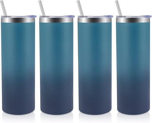 Volhoply 4 Pack Skinny Tumblers with Lid and Straw, 20oz Stainless Steel Straight Tumbler Bulk, Vacuum Insulated Coffee Mug for Home, Office, Travel, DIY (Dark Night,4 Pack)