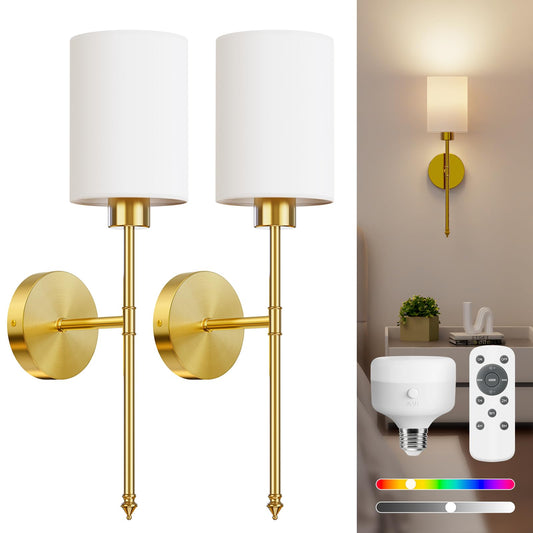 NIORSUN Battery Operated Wall Sconce Set of 2, Gold Wireless Rechargeable Wall Lights with 5200mAh Dimmable Detachable Bulbs and Remote, 9 Colors Sconces Wall Decor for Bedroom Living Room Hallway