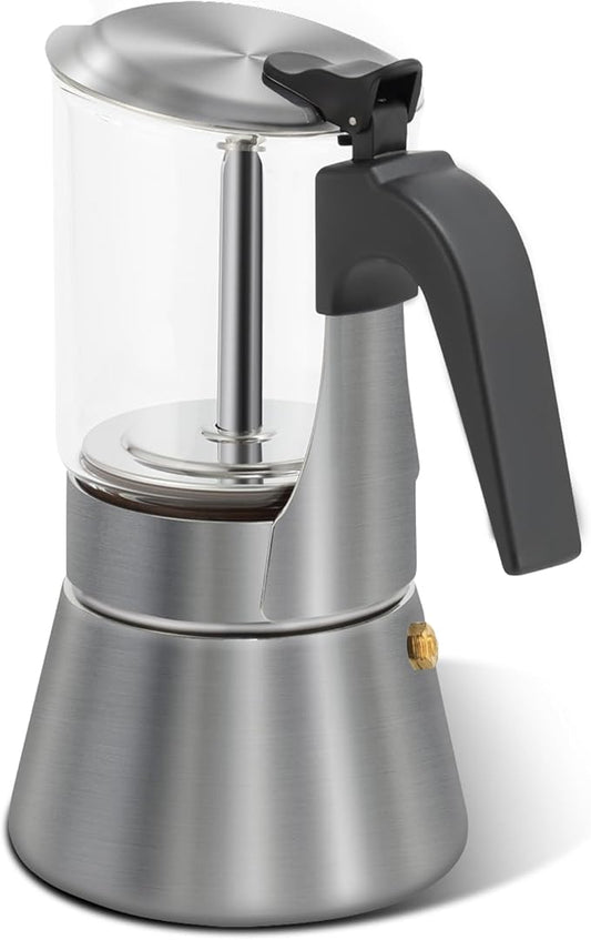 Grasseed Crystal Glass-Top Moka Pot, Polished Stainless Steel Stovetop Espresso Maker for Italian Coffee, Gift for Coffee Lovers - 4 Cup/160ml/5.6oz
